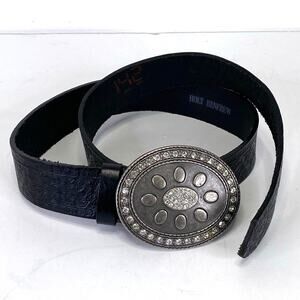 HOLT RENFREW Black Italian Leather Belt Sz M Pewter Buckle Rhinestone Western